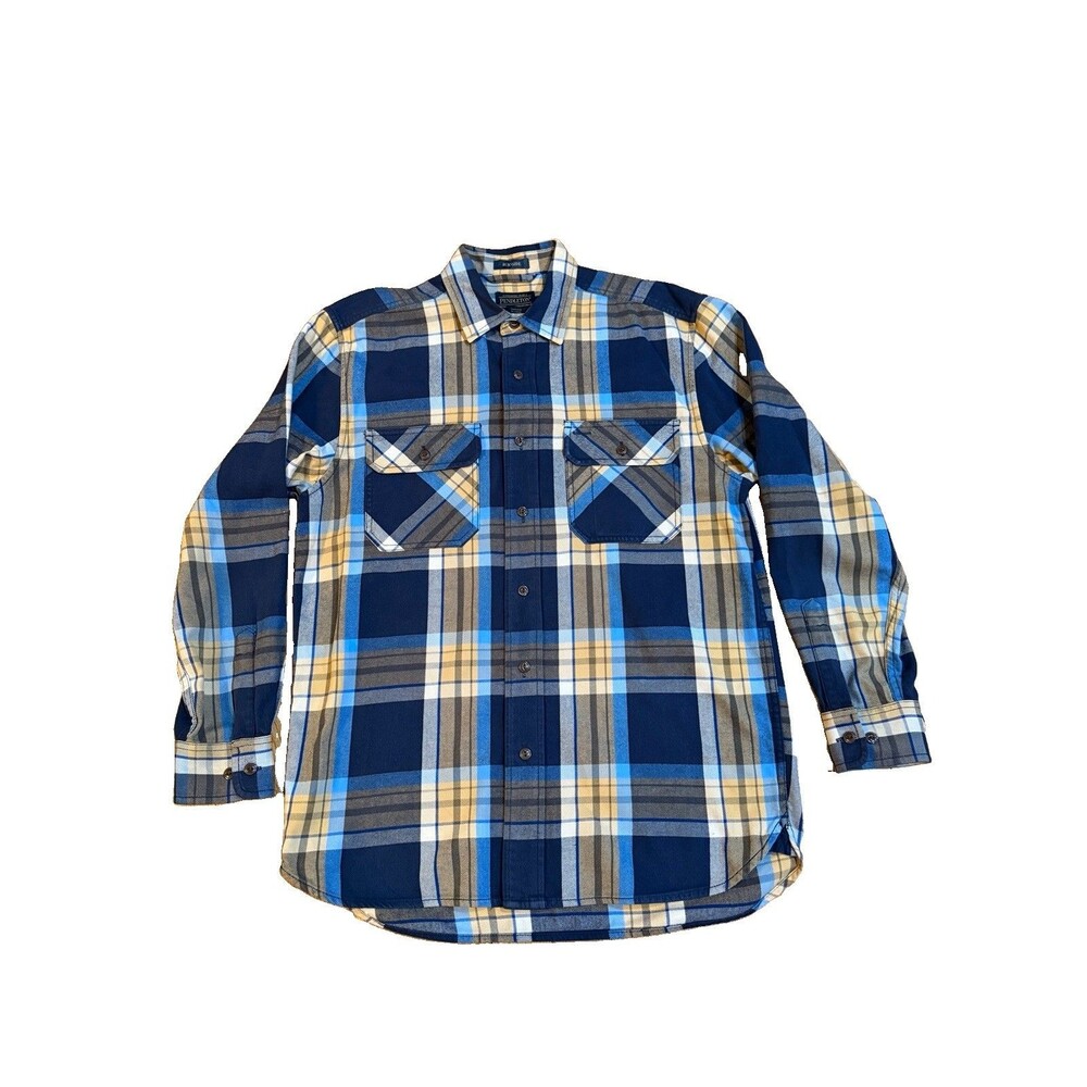 Pendleton Mens Burnside Flannel Shirt Size M Blue Yellow Tan Plaid Cotton EUC